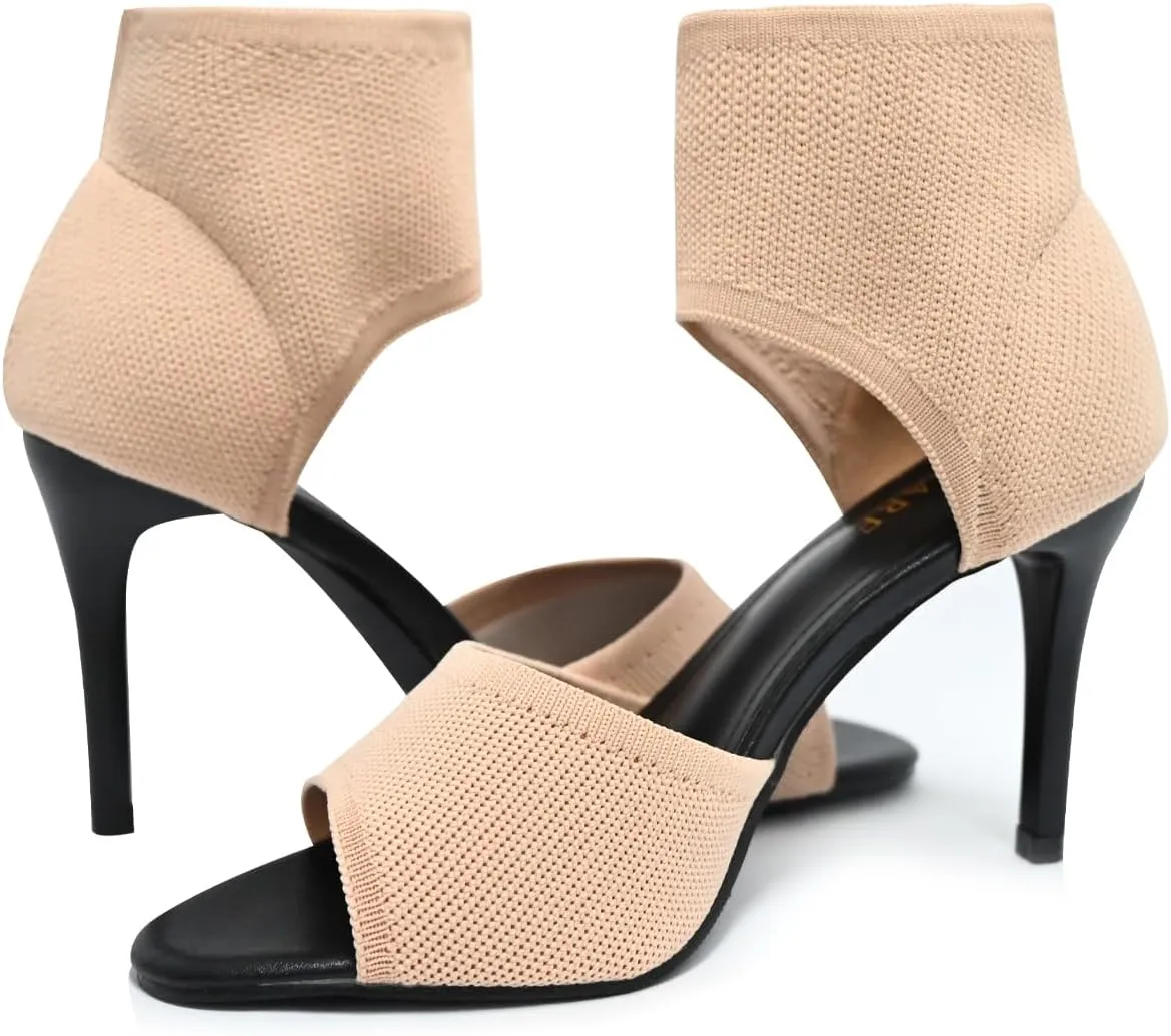 Peep Toe Heels for Women Sexy 3 Inches Stiletto High Heels for Women Dressy Slip On Comfortable Wide Stretchy Heels Knit Open Toe Booties Sandals Black Heels Sandals for Prom, Party and Work