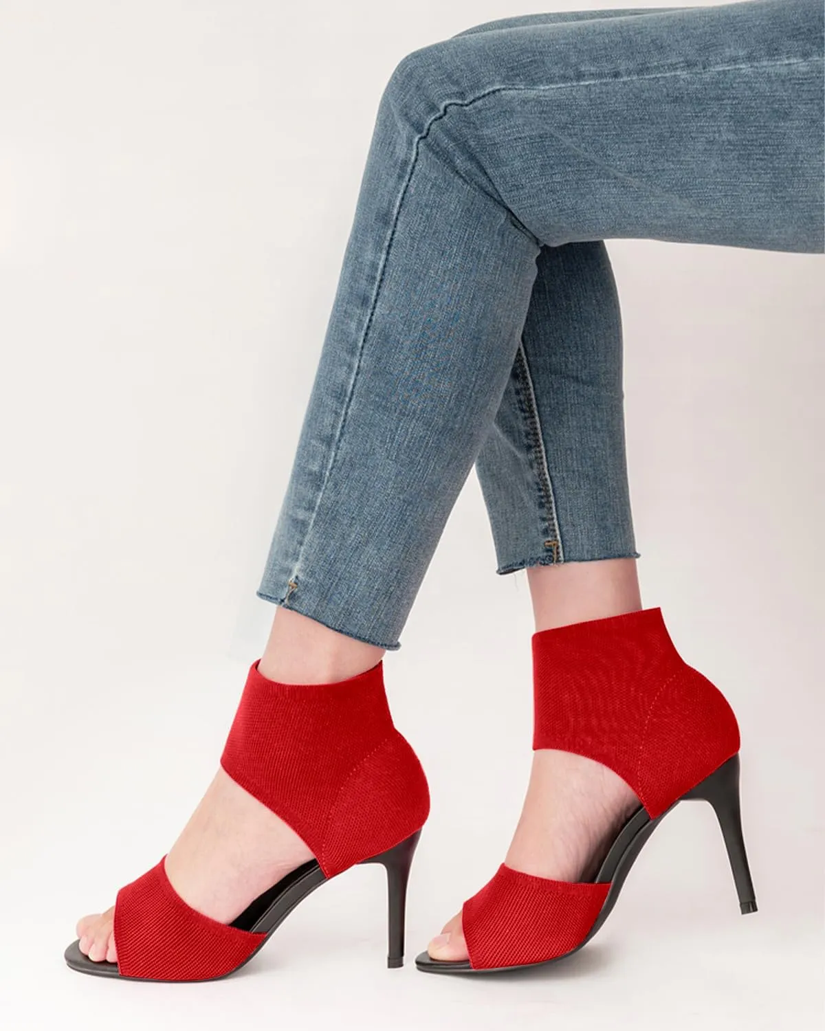 Peep Toe Heels for Women Sexy 3 Inches Stiletto High Heels for Women Dressy Slip On Comfortable Wide Stretchy Heels Knit Open Toe Booties Sandals Black Heels Sandals for Prom, Party and Work