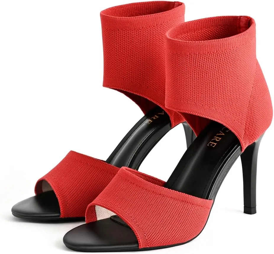 Peep Toe Heels for Women Sexy 3 Inches Stiletto High Heels for Women Dressy Slip On Comfortable Wide Stretchy Heels Knit Open Toe Booties Sandals Black Heels Sandals for Prom, Party and Work