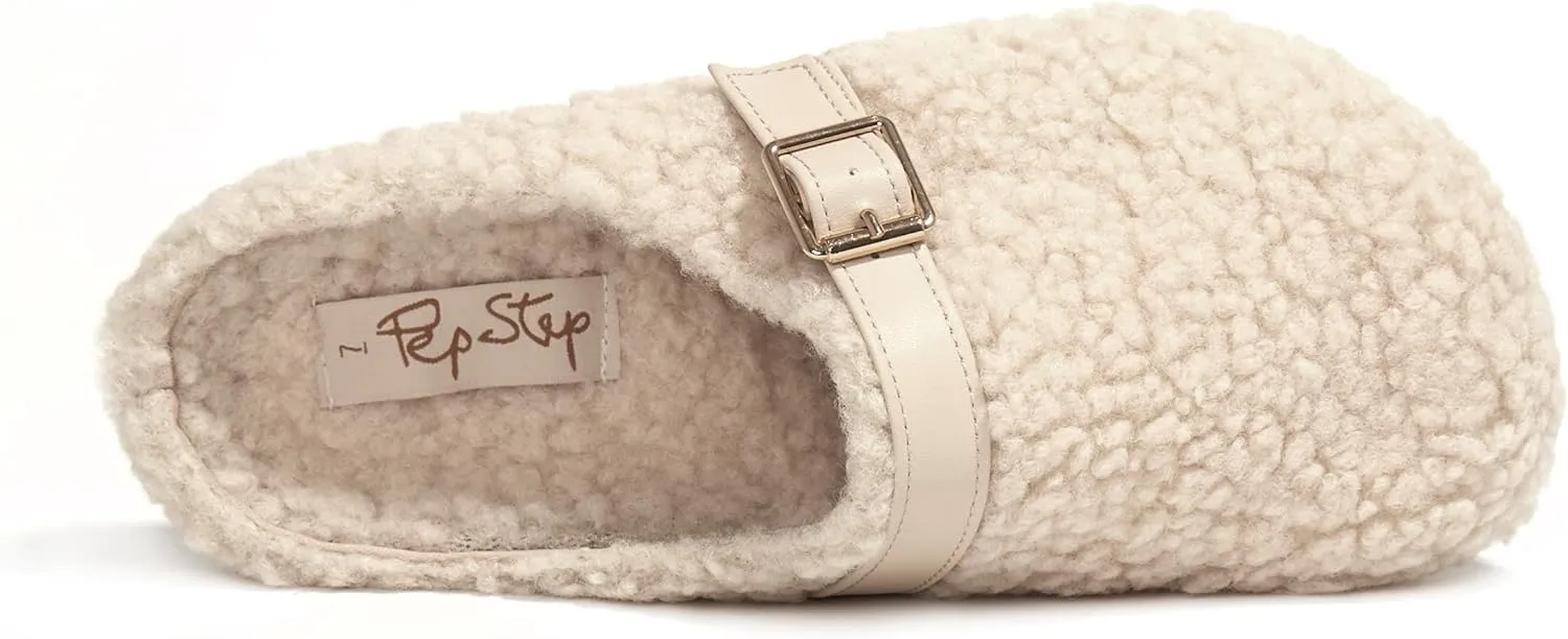 PepStep Womens Suede or Fur Clog Mules - Low Platform Slip On Closed Toe Arch Support Cork Slide Slippers for Ladies