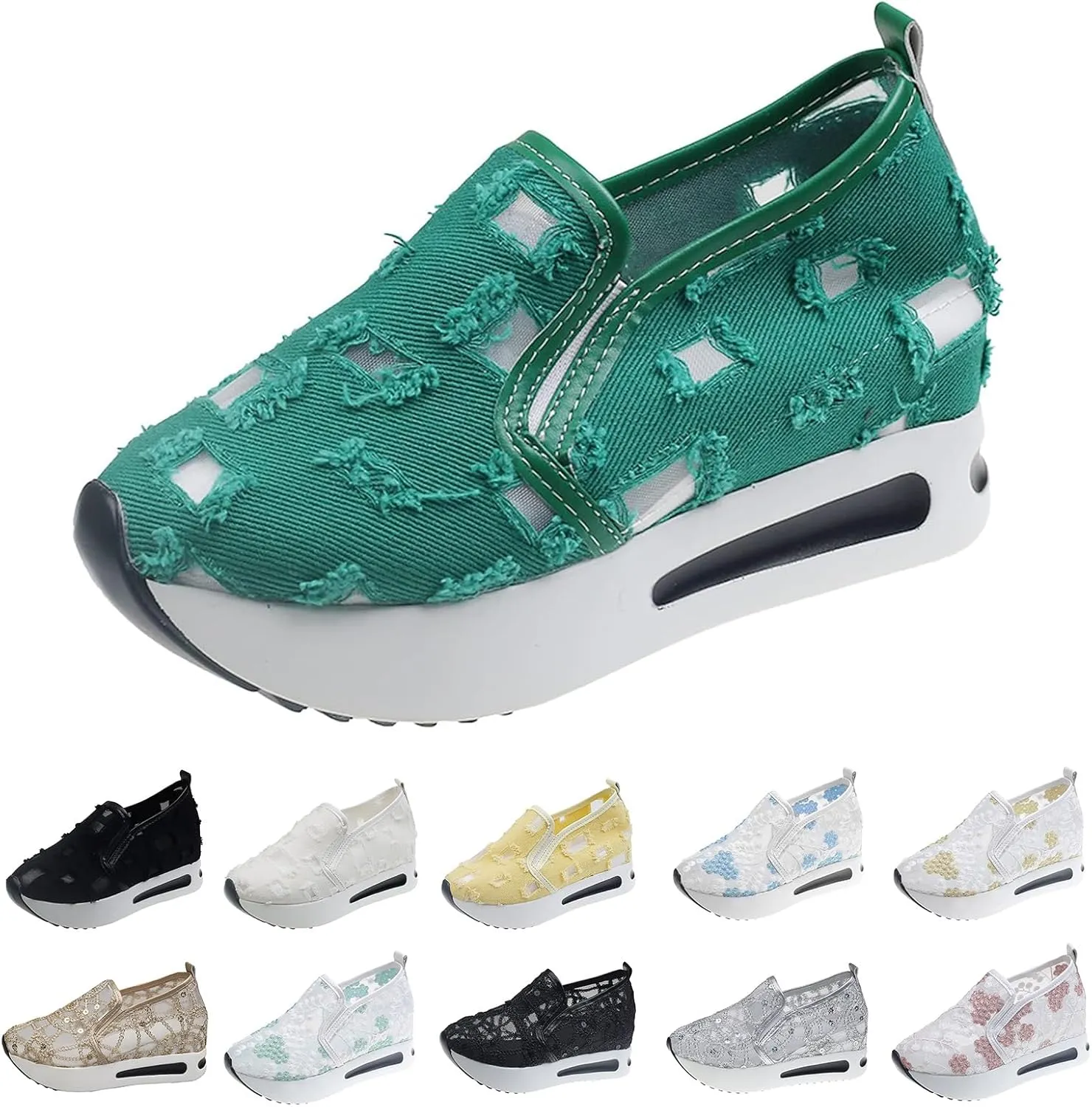 Platform Wedge Sneakers for Women Fashion Mesh Shoes Embroidery Slip On Womens Loafers Comfortable Dressy Chunky Sole High Heels Breathable Walking Shoes with Arch Support