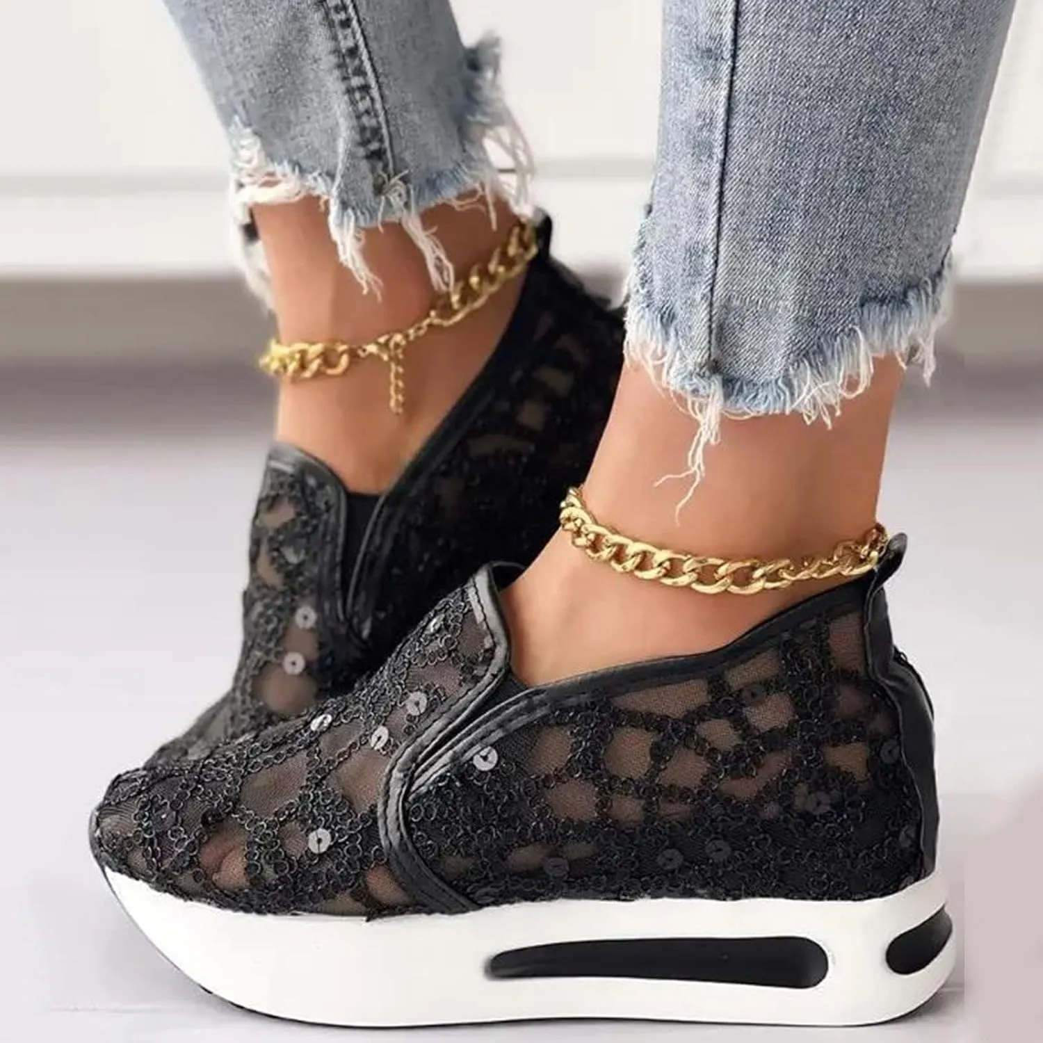 Platform Wedge Sneakers for Women Fashion Mesh Shoes Embroidery Slip On Womens Loafers Comfortable Dressy Chunky Sole High Heels Breathable Walking Shoes with Arch Support