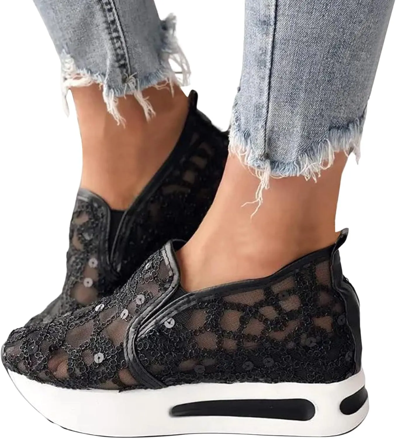 Platform Wedge Sneakers for Women Fashion Mesh Shoes Embroidery Slip On Womens Loafers Comfortable Dressy Chunky Sole High Heels Breathable Walking Shoes with Arch Support