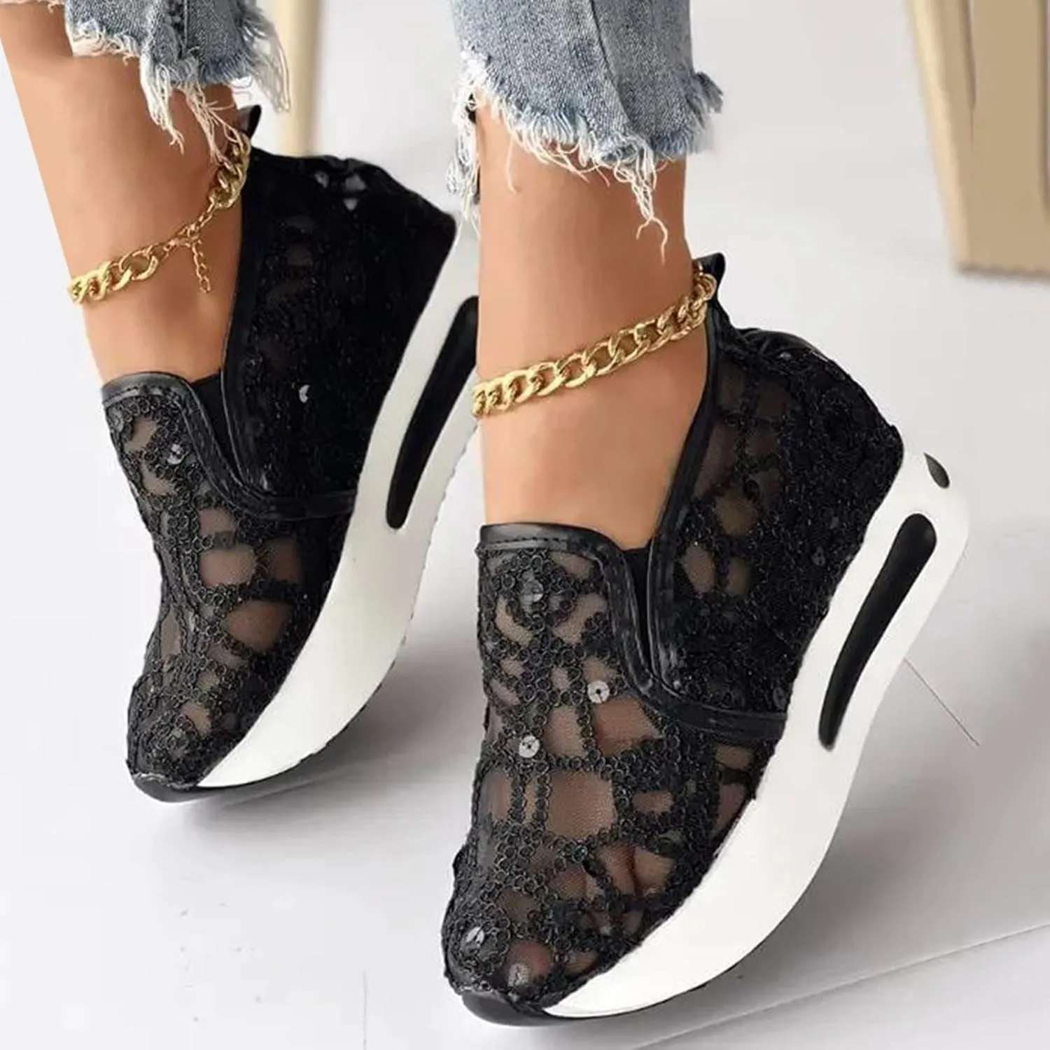 Platform Wedge Sneakers for Women Fashion Mesh Shoes Embroidery Slip On Womens Loafers Comfortable Dressy Chunky Sole High Heels Breathable Walking Shoes with Arch Support