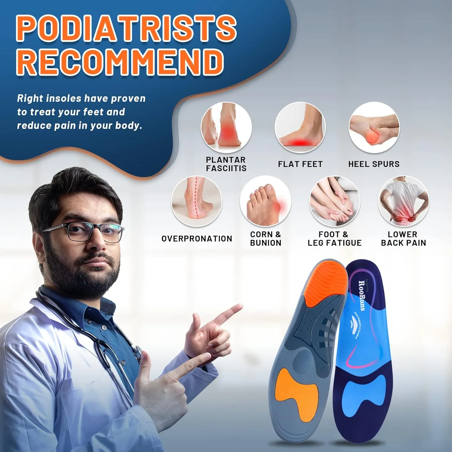 RooRuns Heavy Duty Arch Support Plantar Fasciitis Insoles for Men and Women, Orthotic Inserts Shoe Insoles for Flat Feet, Heel Spurs, High Arches, OverPronation, Metatarsalgia, Foot Pain Relief, S