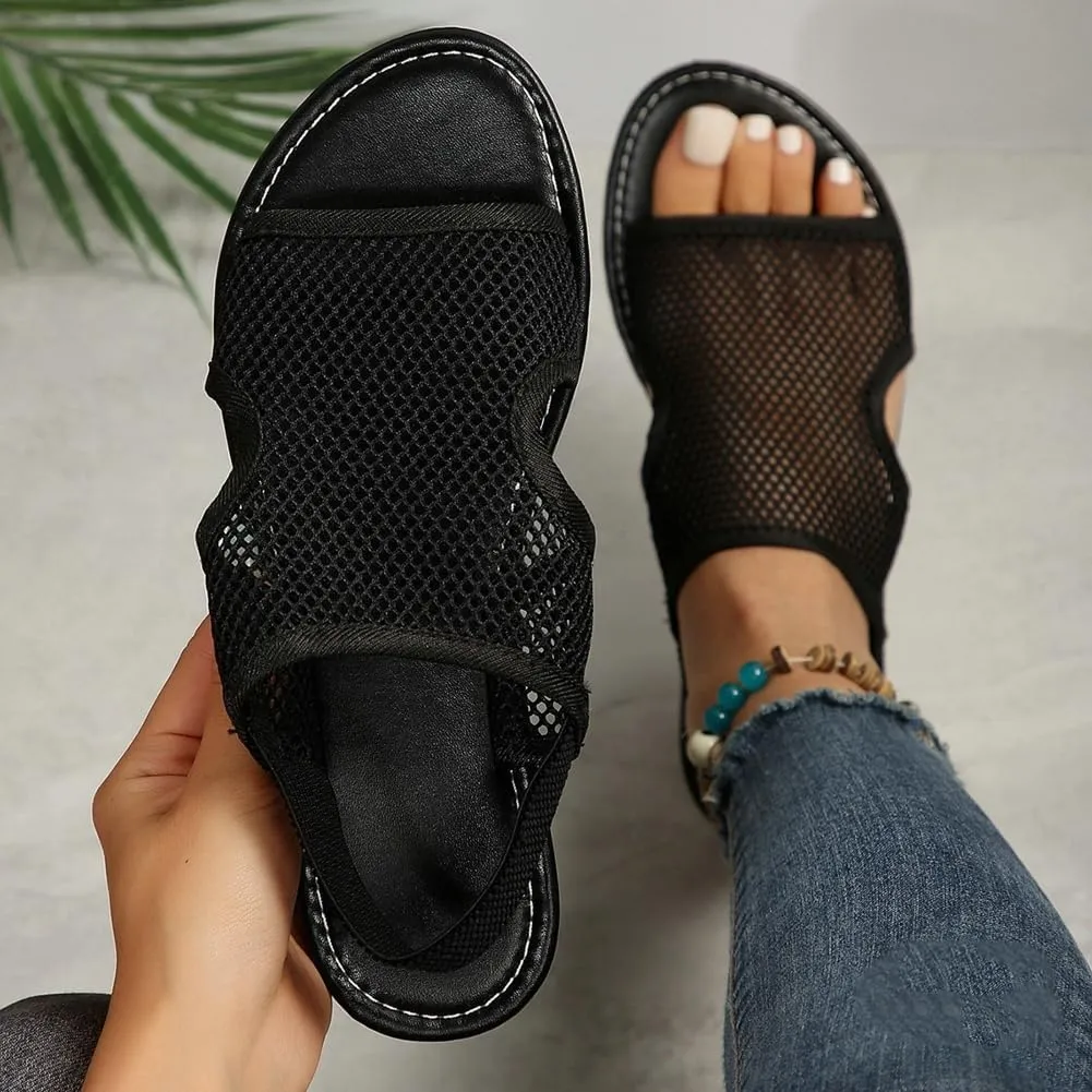 Rungion Women's Walking Flat Sandals Comfort Mesh Slip-On Sport Shose Open Toe Elastic Ankle Strap Slipper for Summer Beach