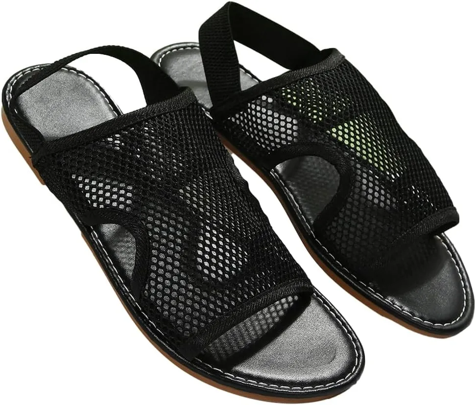 Rungion Women's Walking Flat Sandals Comfort Mesh Slip-On Sport Shose Open Toe Elastic Ankle Strap Slipper for Summer Beach
