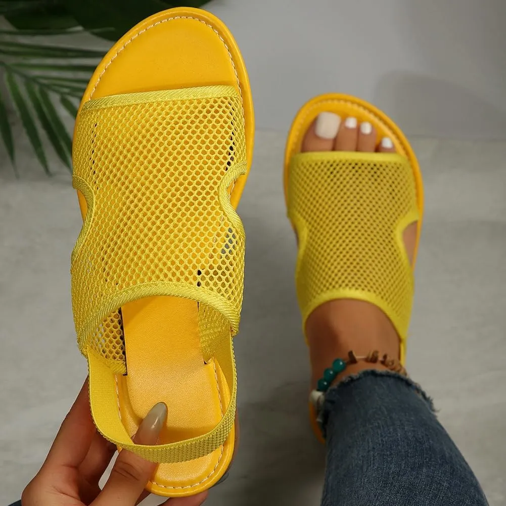 Rungion Women's Walking Flat Sandals Comfort Mesh Slip-On Sport Shose Open Toe Elastic Ankle Strap Slipper for Summer Beach