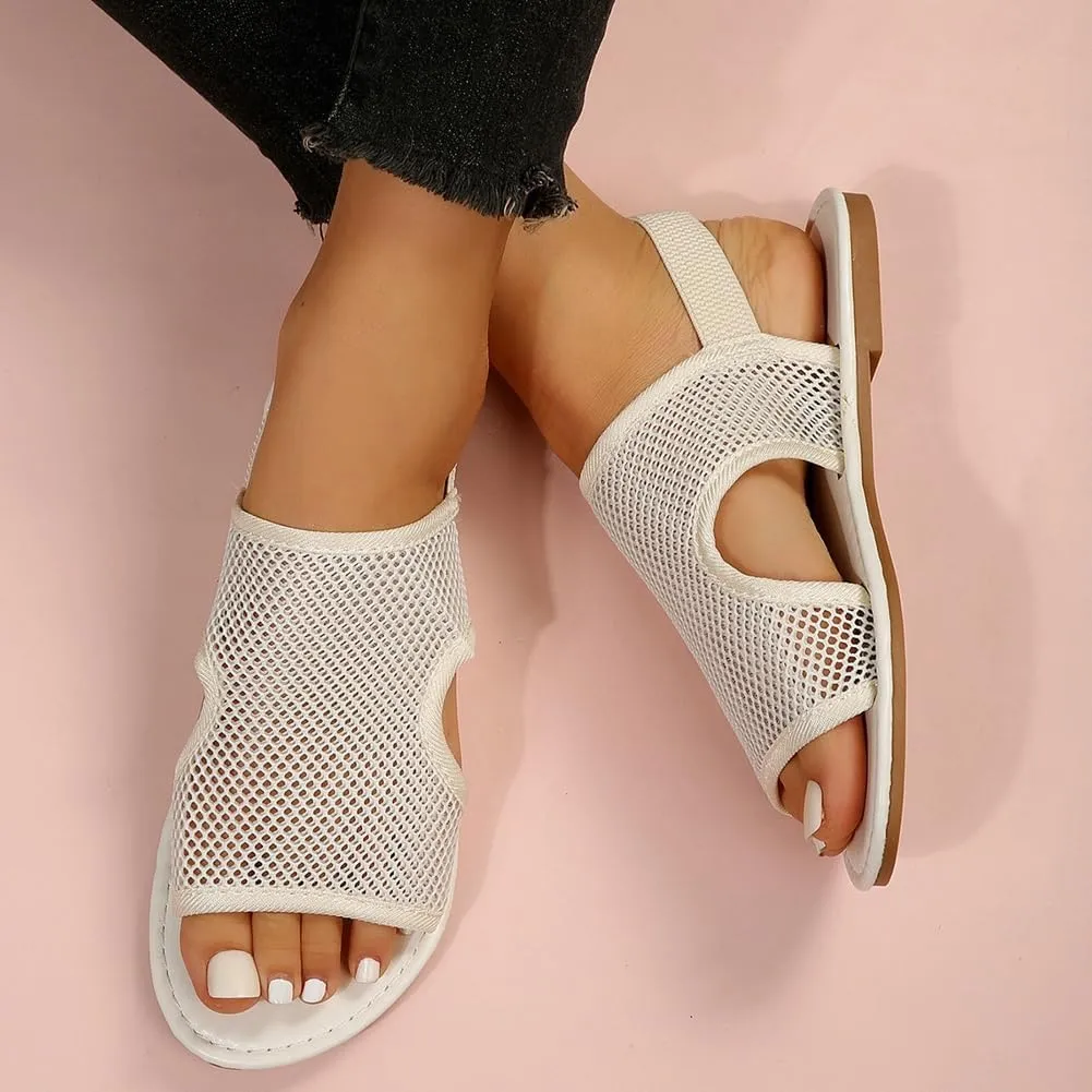Rungion Women's Walking Flat Sandals Comfort Mesh Slip-On Sport Shose Open Toe Elastic Ankle Strap Slipper for Summer Beach