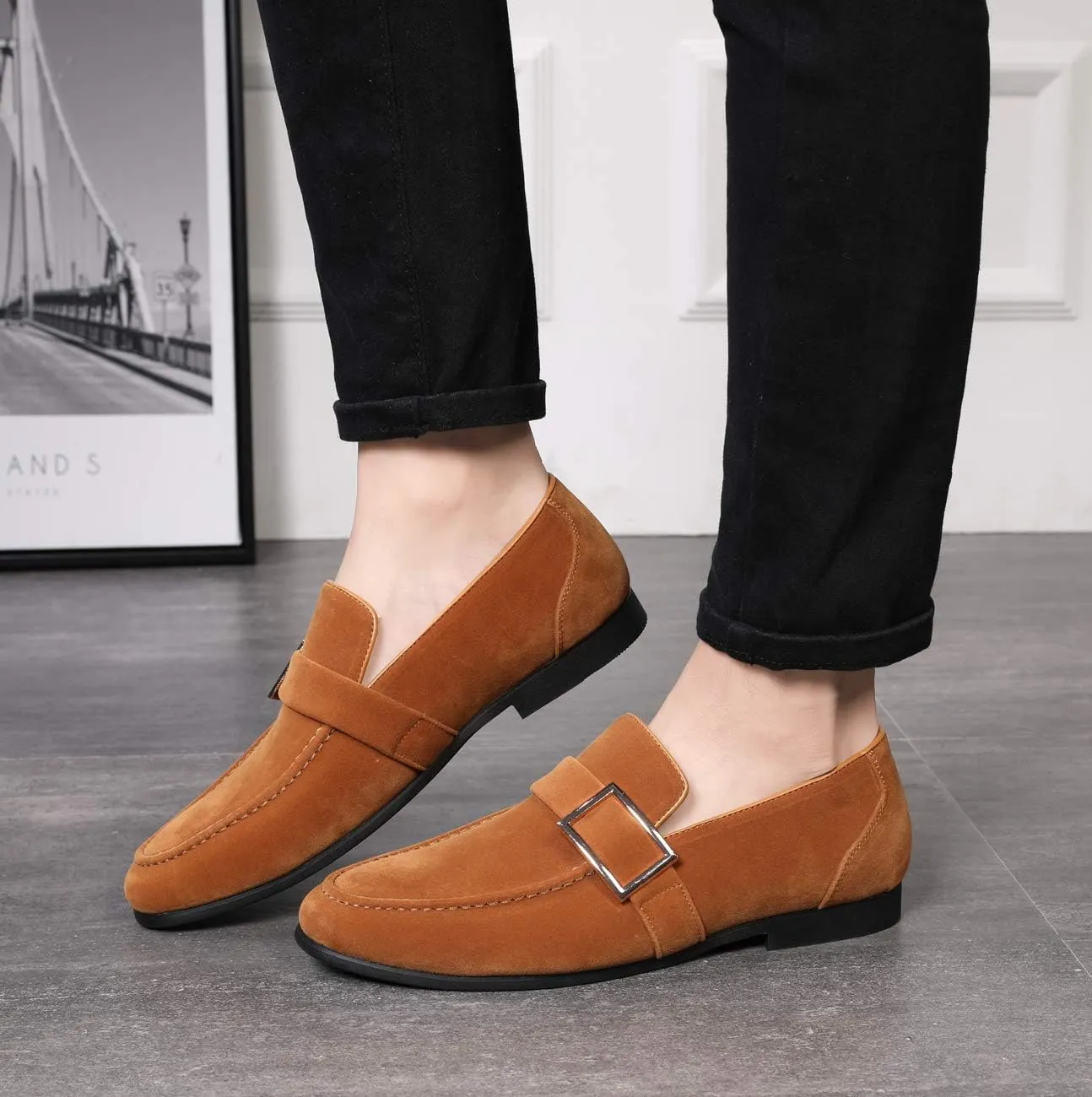 Santimon Casual Dress Shoes Men Slip on Driving Flats Suede Smoking Slipper Buckle Moccasins Loafers Black Brown Tan