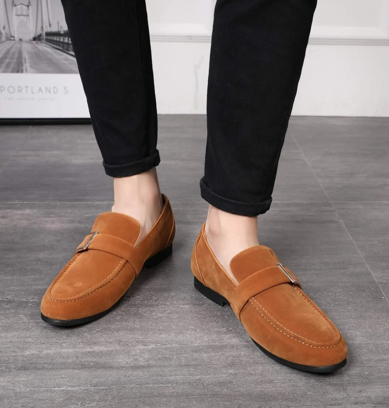 Santimon Casual Dress Shoes Men Slip on Driving Flats Suede Smoking Slipper Buckle Moccasins Loafers Black Brown Tan