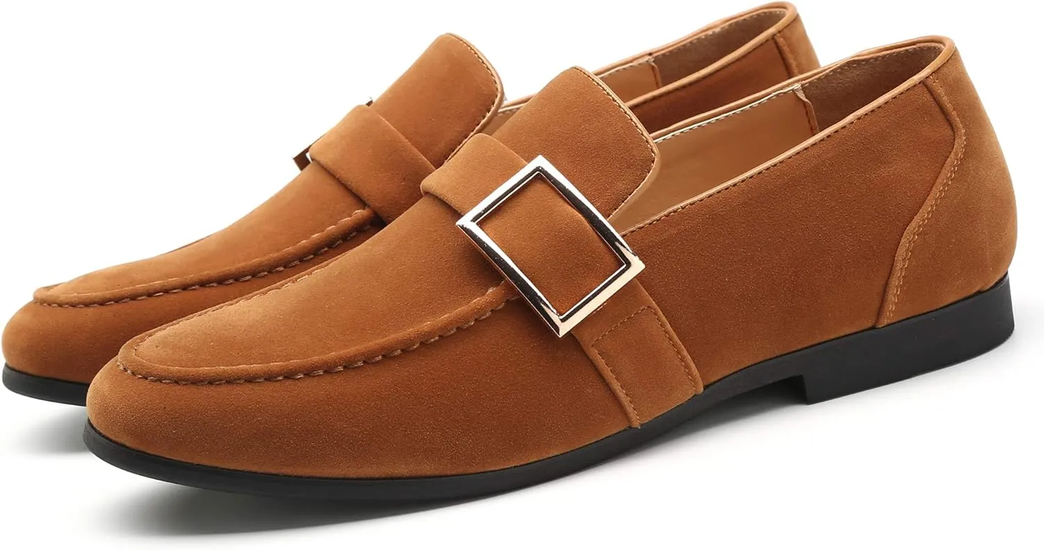 Santimon Casual Dress Shoes Men Slip on Driving Flats Suede Smoking Slipper Buckle Moccasins Loafers Black Brown Tan