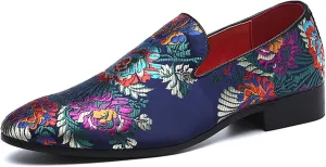 Santimon Mens Dress Shoes Smoking Slippers Casual Bow Slip-on Embroidery Flats Penny-Loafers Black Red
