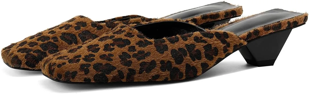 Satin Mid-low Heels Muller Sandals for Women, Closed Square Toe Kitten Heels Slip On Mules for Wedding Party Dance Dressy Casual Summer Pumps,Leopard 7