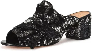 SCHUTZ Manon Black Preto Silver Sequin Knotted Bow Low Block Heel Slide Mules