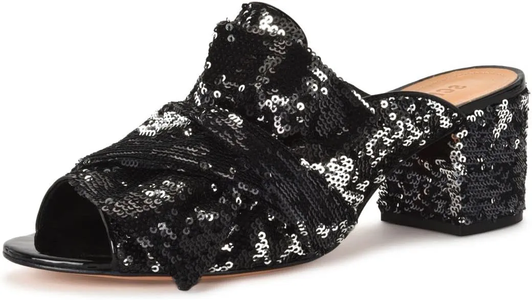 SCHUTZ Manon Black Preto Silver Sequin Knotted Bow Low Block Heel Slide Mules