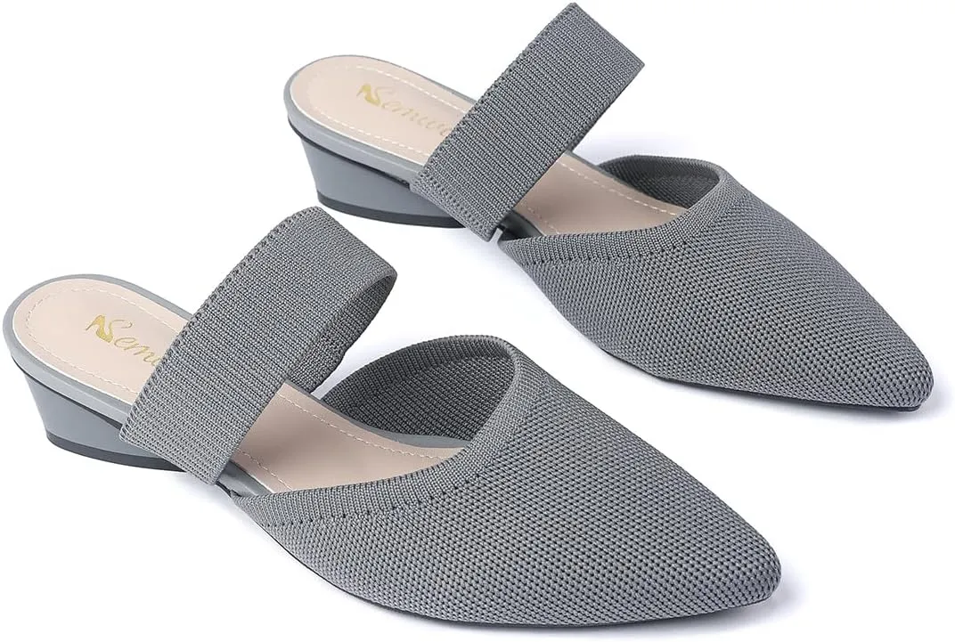 Semwiss Pointed Toe Mules for Women Chunky Low Heeled Sandals Breathable Backless Mesh Knit Slip on Loafers