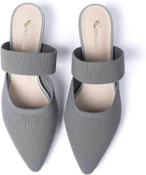 Semwiss Pointed Toe Mules for Women Chunky Low Heeled Sandals Breathable Backless Mesh Knit Slip on Loafers