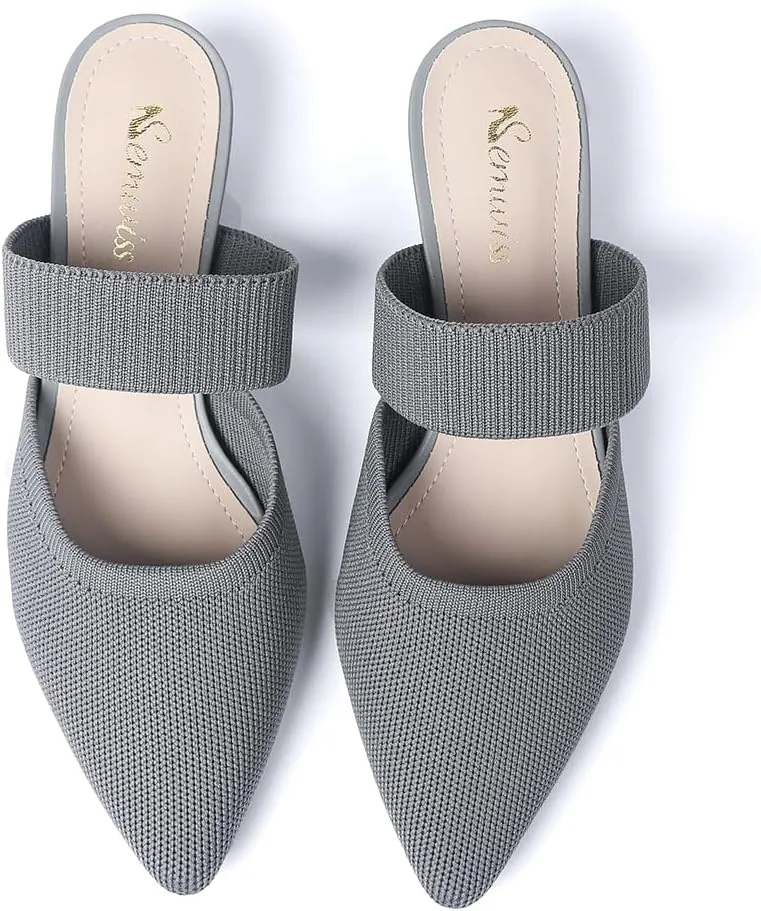 Semwiss Pointed Toe Mules for Women Chunky Low Heeled Sandals Breathable Backless Mesh Knit Slip on Loafers