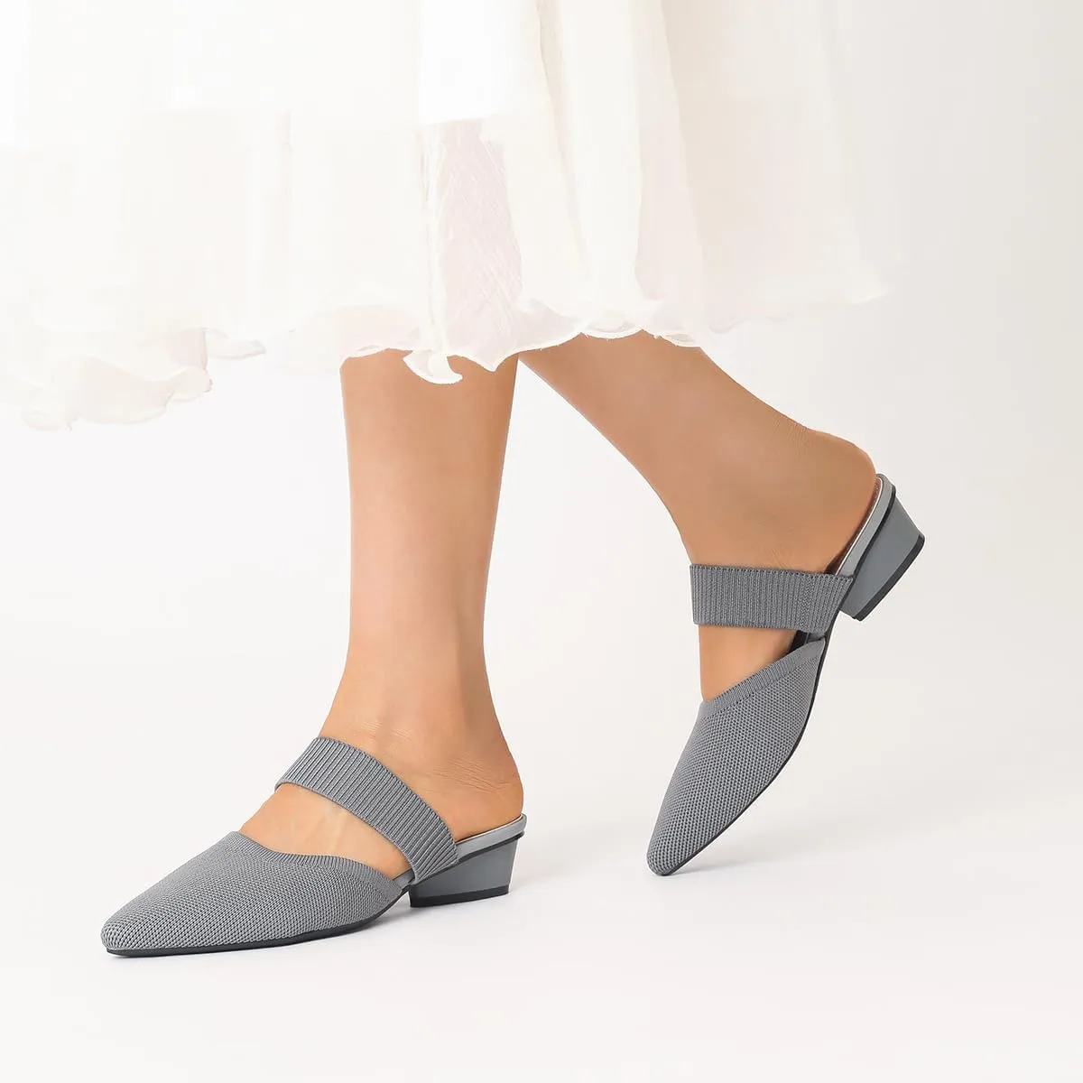 Semwiss Pointed Toe Mules for Women Chunky Low Heeled Sandals Breathable Backless Mesh Knit Slip on Loafers