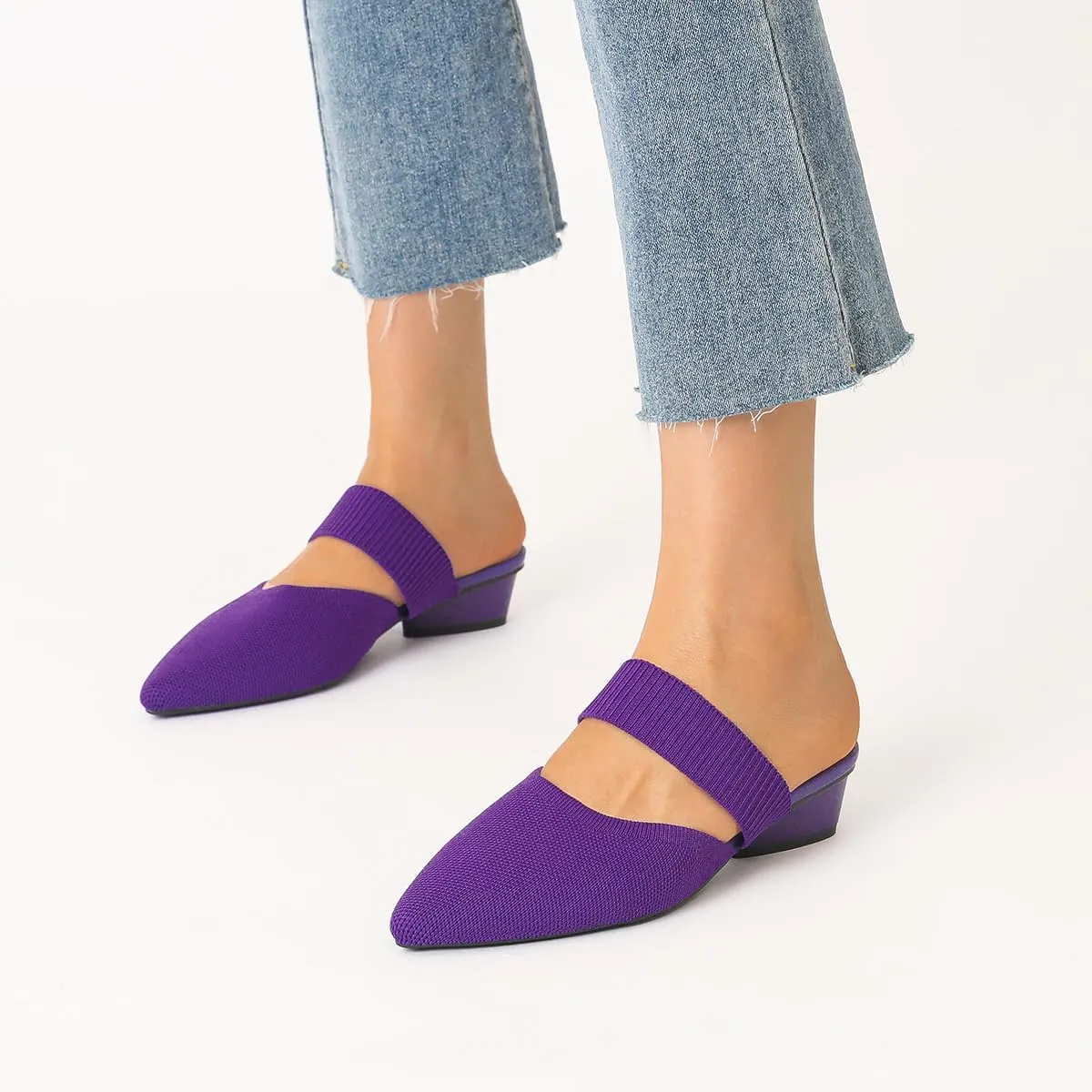 Semwiss Pointed Toe Mules for Women Chunky Low Heeled Sandals Breathable Backless Mesh Knit Slip on Loafers
