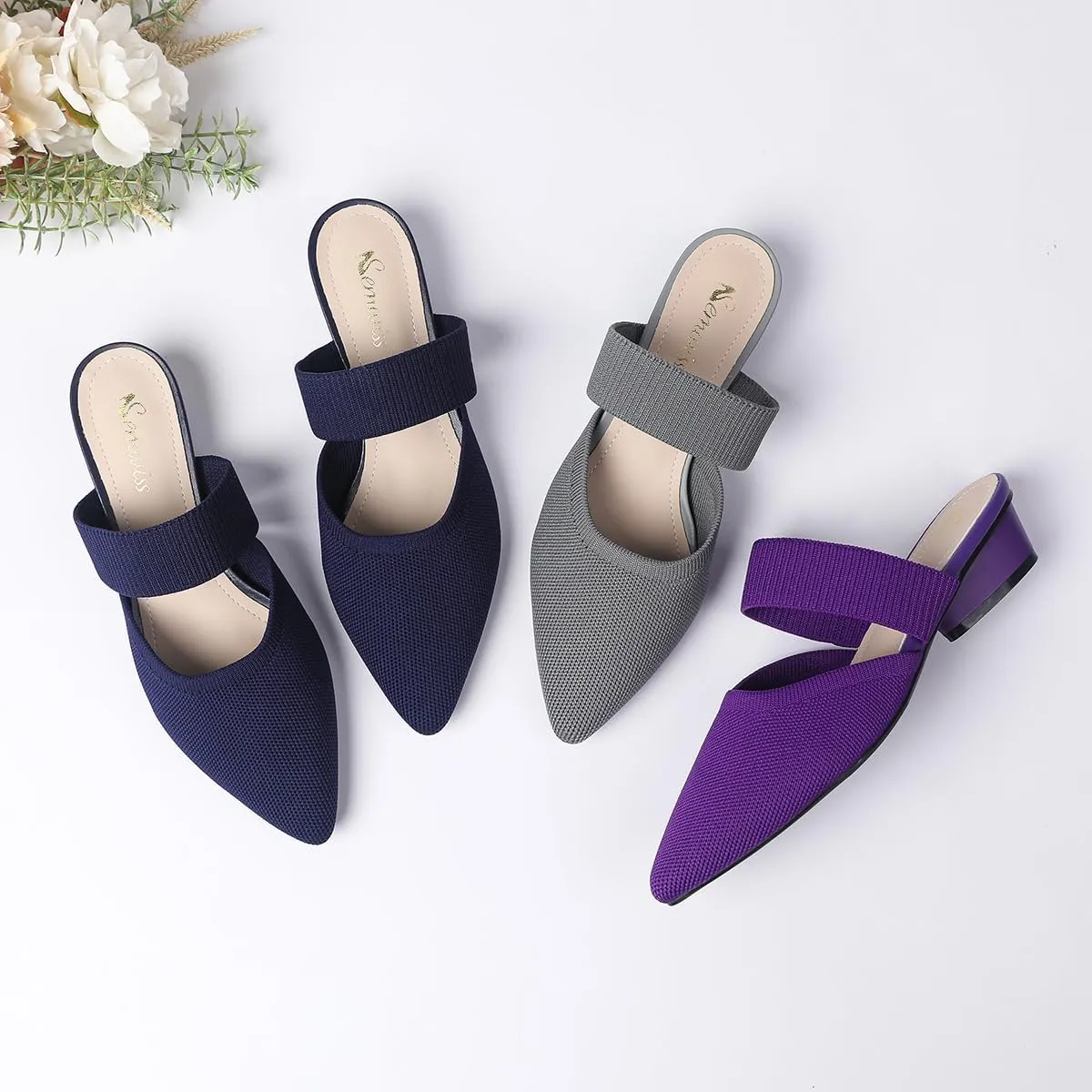 Semwiss Pointed Toe Mules for Women Chunky Low Heeled Sandals Breathable Backless Mesh Knit Slip on Loafers