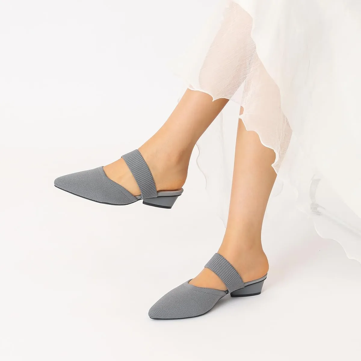 Semwiss Pointed Toe Mules for Women Chunky Low Heeled Sandals Breathable Backless Mesh Knit Slip on Loafers