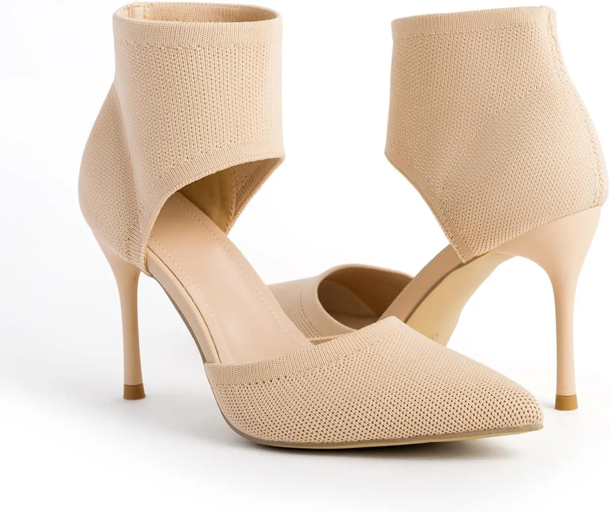 Sexy Black Heels Pumps for Women 3.7 Inches Closed Toe Stiletto Heel Knit Sandals Pointed Toe Stretchy Sock-Like Elastic Sandal Booties for Summer Slip On Comfortable Women Dress Shoes