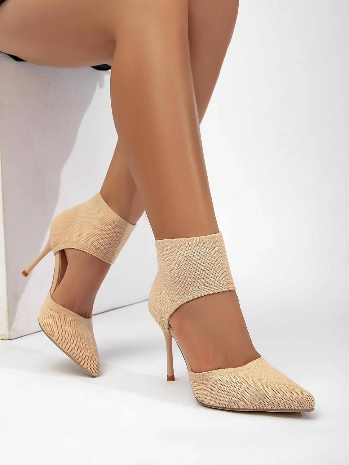 Sexy Black Heels Pumps for Women 3.7 Inches Closed Toe Stiletto Heel Knit Sandals Pointed Toe Stretchy Sock-Like Elastic Sandal Booties for Summer Slip On Comfortable Women Dress Shoes