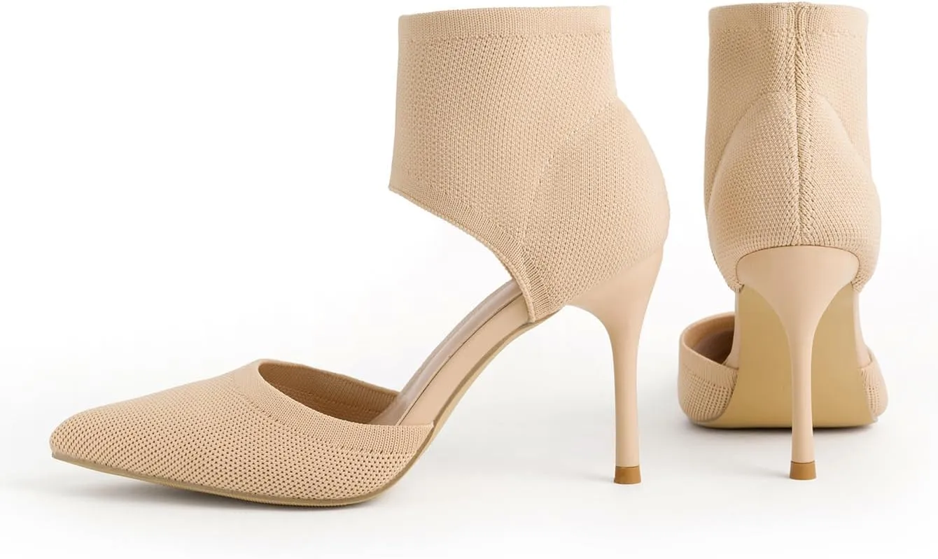 Sexy Black Heels Pumps for Women 3.7 Inches Closed Toe Stiletto Heel Knit Sandals Pointed Toe Stretchy Sock-Like Elastic Sandal Booties for Summer Slip On Comfortable Women Dress Shoes