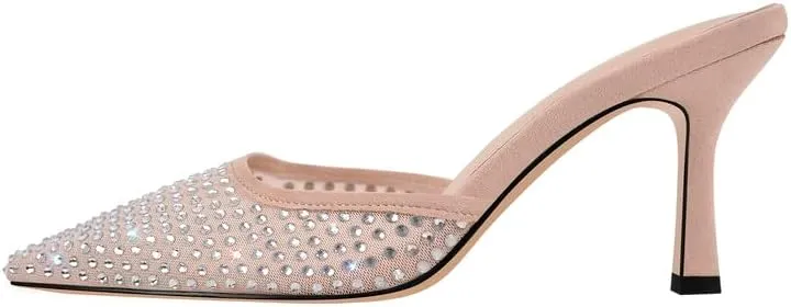 sexytag Rhinestone Mesh Kitten Heels for Women Slip On Mules Pointed Toe Pumps