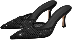 sexytag Rhinestone Mesh Kitten Heels for Women Slip On Mules Pointed Toe Pumps