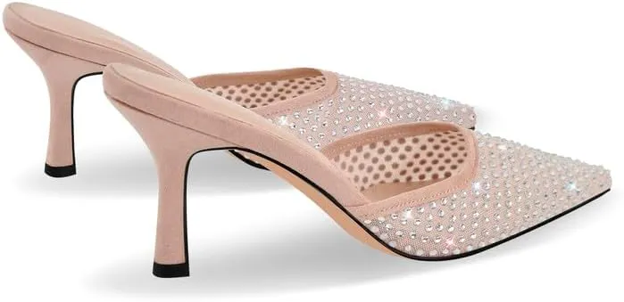 sexytag Rhinestone Mesh Kitten Heels for Women Slip On Mules Pointed Toe Pumps