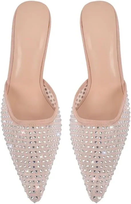 sexytag Rhinestone Mesh Kitten Heels for Women Slip On Mules Pointed Toe Pumps