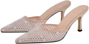 sexytag Rhinestone Mesh Kitten Heels for Women Slip On Mules Pointed Toe Pumps