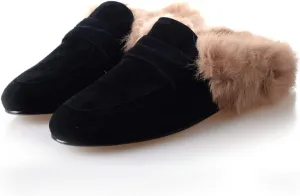 SHEMEE Women's Genuine Leather Fluffy Furry Fur Mules Slides Flats Low Heel Slip On Suede Loafers Closed Round Toe Backless Slippers Shoes