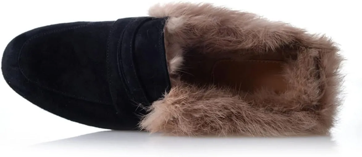 SHEMEE Women's Genuine Leather Fluffy Furry Fur Mules Slides Flats Low Heel Slip On Suede Loafers Closed Round Toe Backless Slippers Shoes