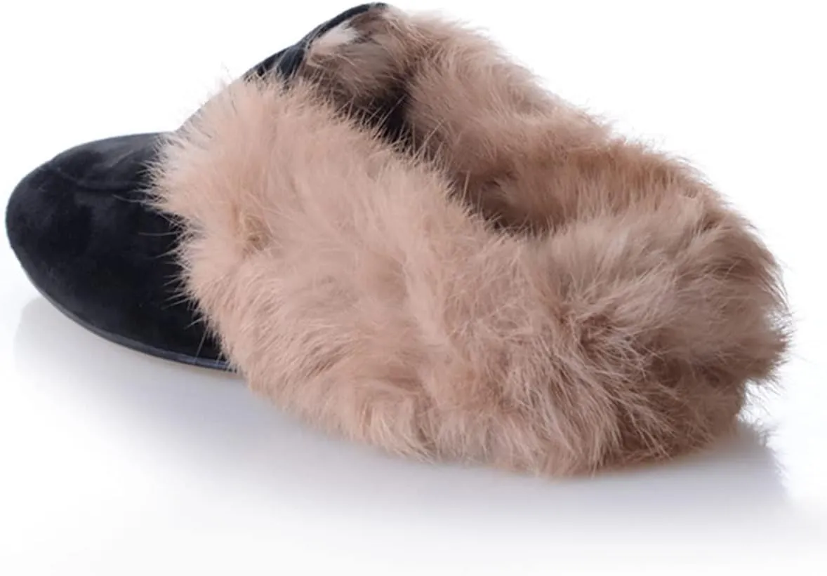 SHEMEE Women's Genuine Leather Fluffy Furry Fur Mules Slides Flats Low Heel Slip On Suede Loafers Closed Round Toe Backless Slippers Shoes