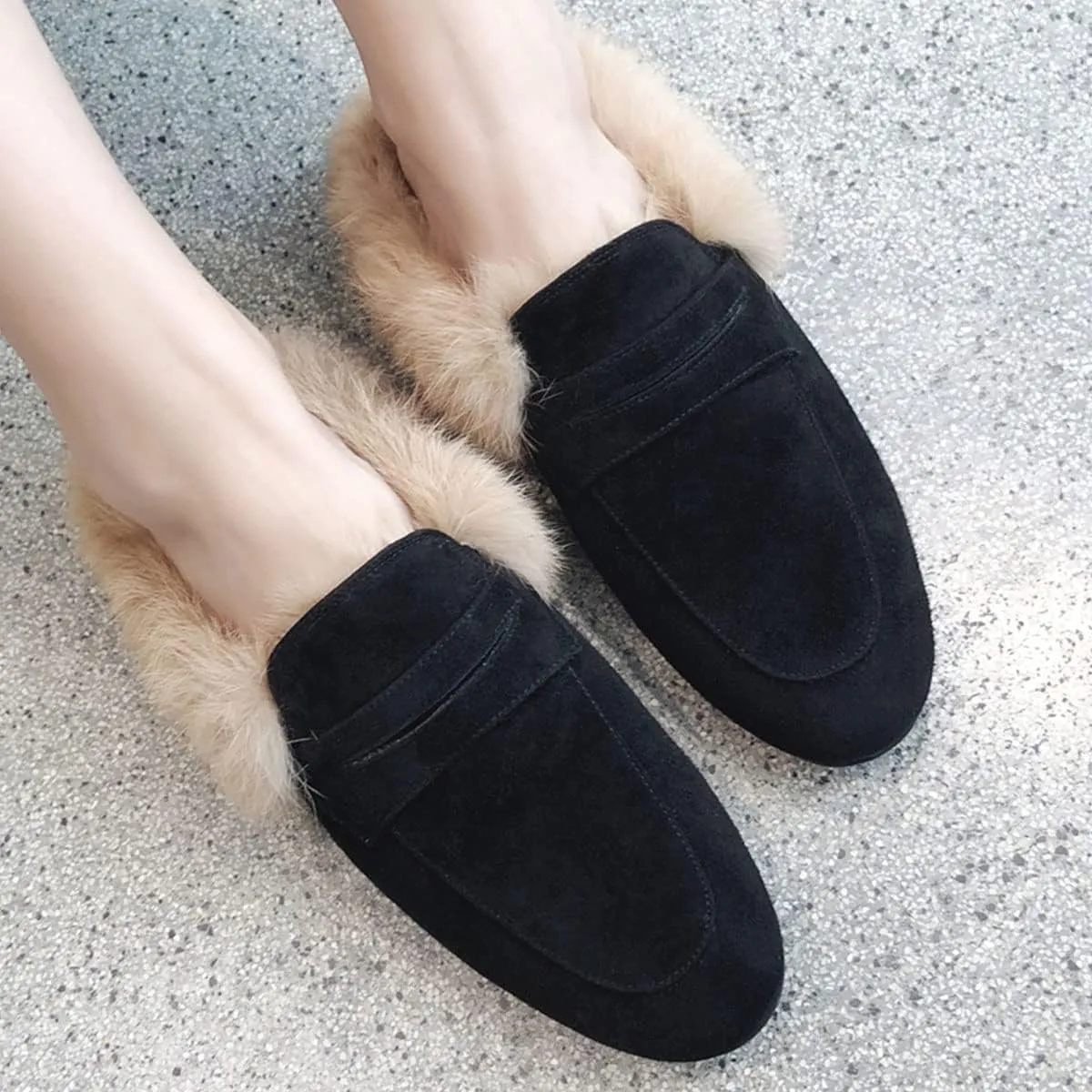 SHEMEE Women's Genuine Leather Fluffy Furry Fur Mules Slides Flats Low Heel Slip On Suede Loafers Closed Round Toe Backless Slippers Shoes