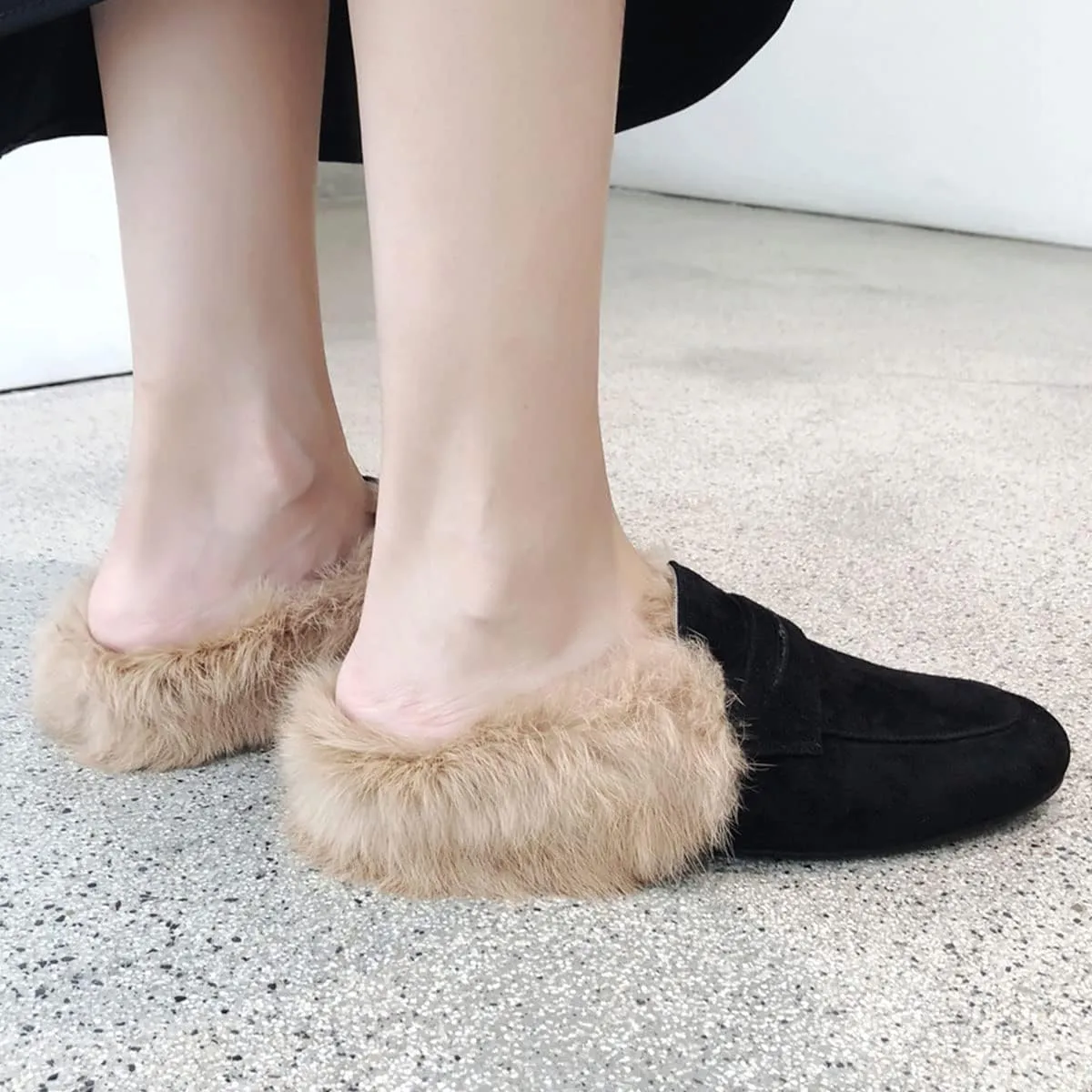 SHEMEE Women's Genuine Leather Fluffy Furry Fur Mules Slides Flats Low Heel Slip On Suede Loafers Closed Round Toe Backless Slippers Shoes