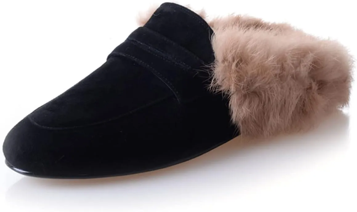 SHEMEE Women's Genuine Leather Fluffy Furry Fur Mules Slides Flats Low Heel Slip On Suede Loafers Closed Round Toe Backless Slippers Shoes