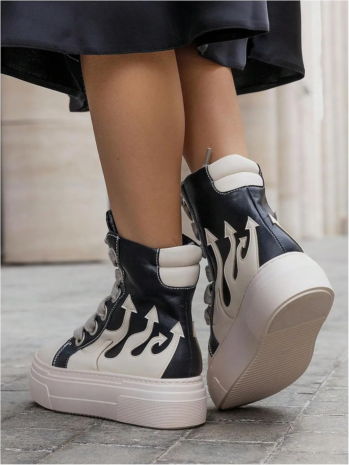 SHENHE Women's PU Leather High Top Sneakers Lace Up Platform Sneakers Flame Print Walking Shoes