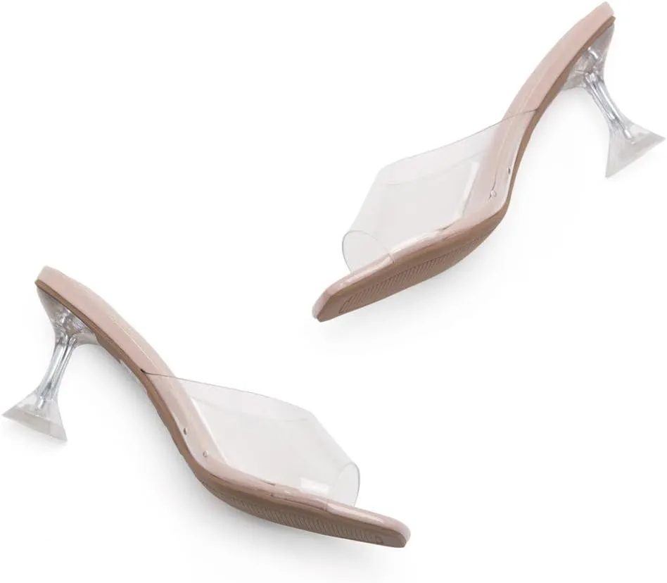 Shoe Land Celebrate Women's Clear Low Heels Stiletto Slides, Square Open Toe One Band Slip-On Heeled Mules, Clear Heeled Dress Sandals for Prom Wedding and Party