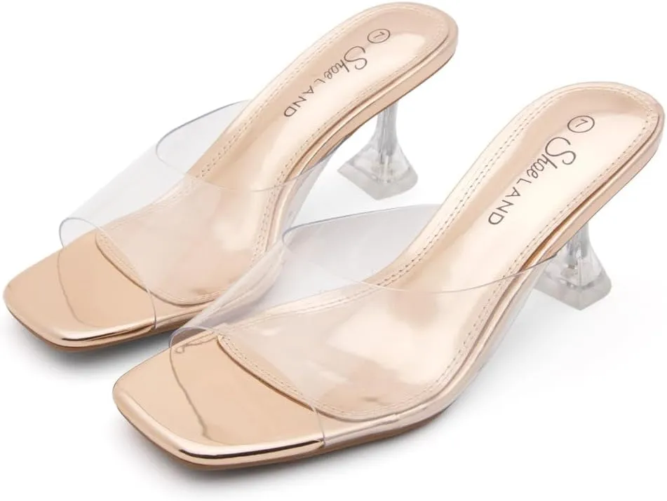 Shoe Land Celebrate Women's Clear Low Heels Stiletto Slides, Square Open Toe One Band Slip-On Heeled Mules, Clear Heeled Dress Sandals for Prom Wedding and Party