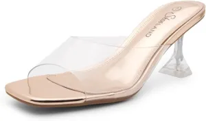 Shoe Land Celebrate Women's Clear Low Heels Stiletto Slides, Square Open Toe One Band Slip-On Heeled Mules, Clear Heeled Dress Sandals for Prom Wedding and Party