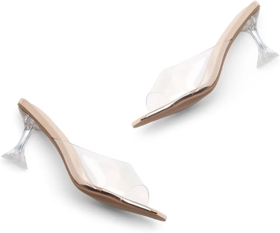 Shoe Land Celebrate Women's Clear Low Heels Stiletto Slides, Square Open Toe One Band Slip-On Heeled Mules, Clear Heeled Dress Sandals for Prom Wedding and Party