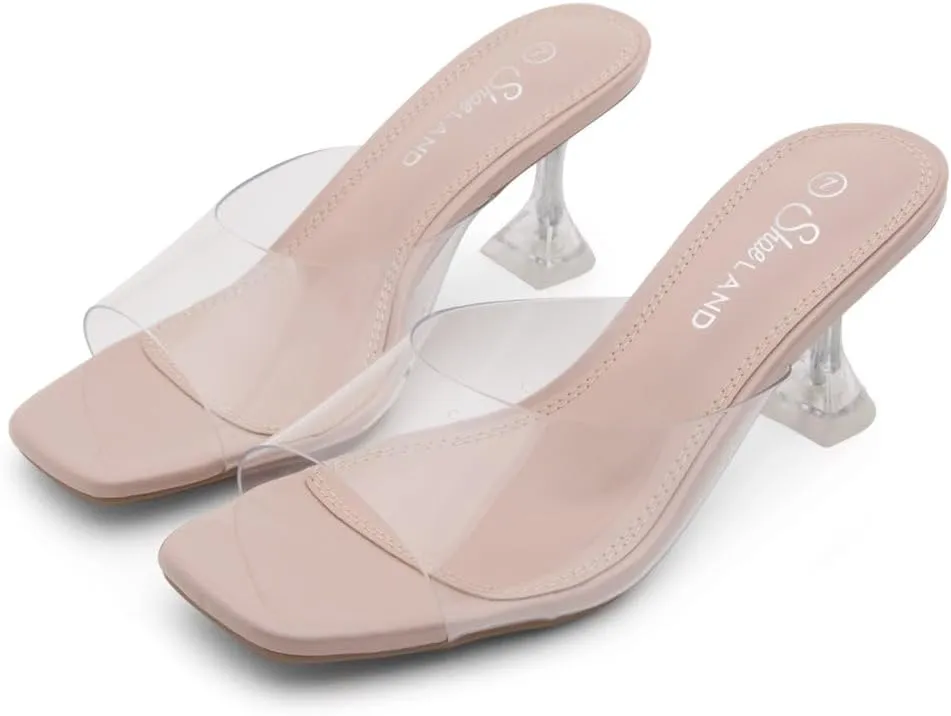 Shoe Land Celebrate Women's Clear Low Heels Stiletto Slides, Square Open Toe One Band Slip-On Heeled Mules, Clear Heeled Dress Sandals for Prom Wedding and Party