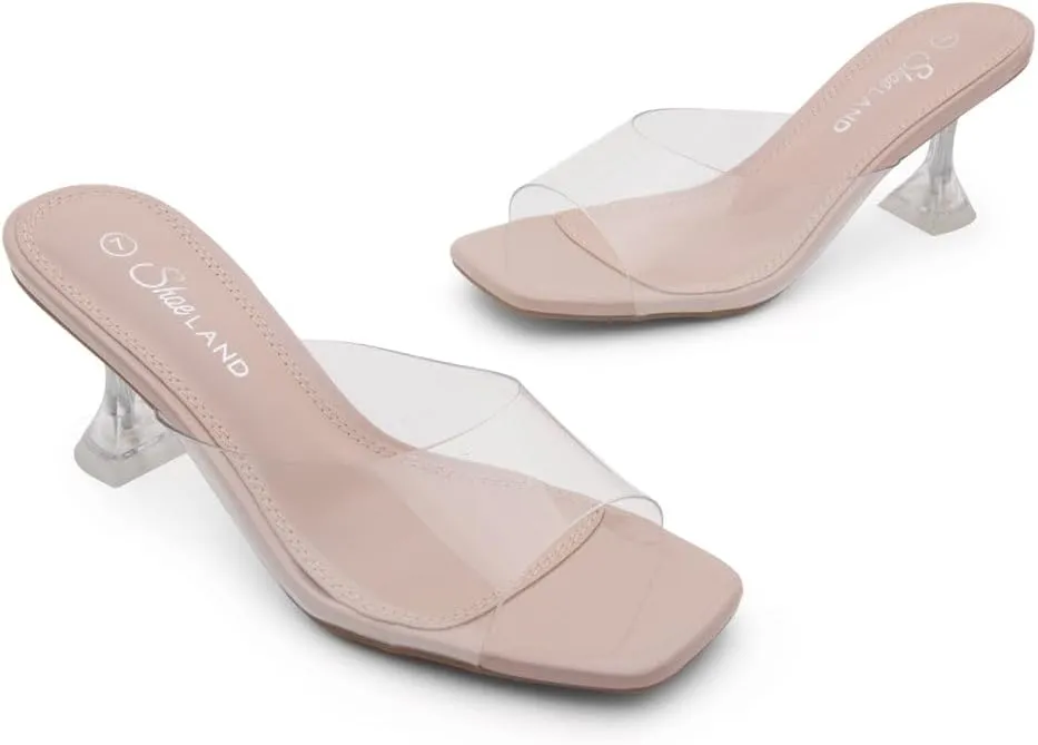 Shoe Land Celebrate Women's Clear Low Heels Stiletto Slides, Square Open Toe One Band Slip-On Heeled Mules, Clear Heeled Dress Sandals for Prom Wedding and Party