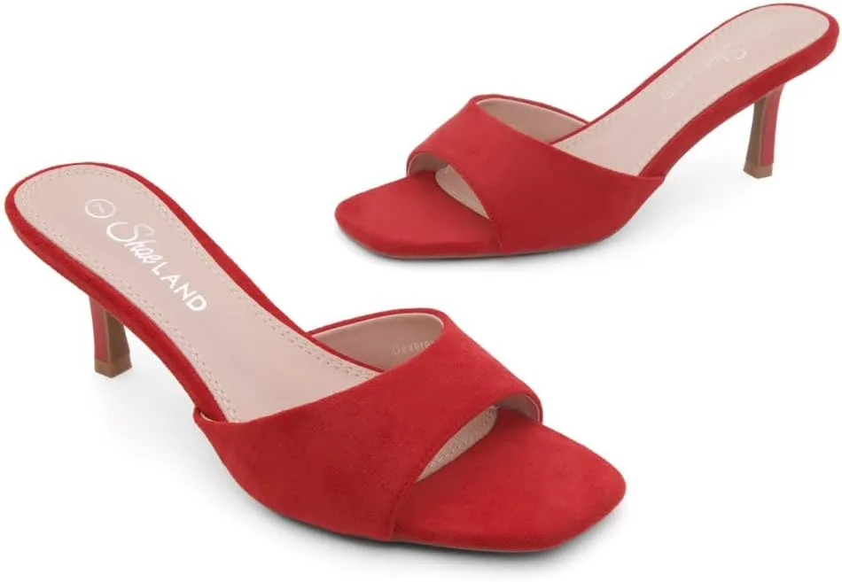 Shoe Land Deverena Women's Low Heels Stiletto Heeled Slides, Open Toe One Band Slip-On Heeled Mules – Dressy Heeled Sandals for Prom, Party, Wedding, and Vacation