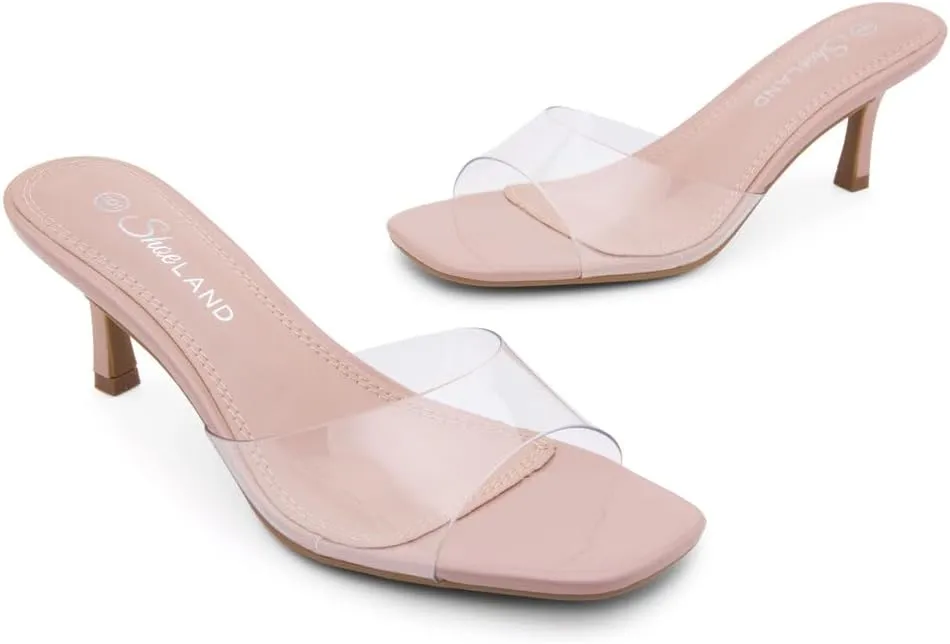 Shoe Land Deverena Women's Low Heels Stiletto Heeled Slides, Open Toe One Band Slip-On Heeled Mules – Dressy Heeled Sandals for Prom, Party, Wedding, and Vacation